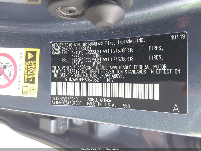 2019 Toyota Highlander VIN 5TDZARFH9KS057352 IAAI salvage auction — REAR END, Salvage (Georgia), sold $7,500 on 2026-07-29 (photo 9)