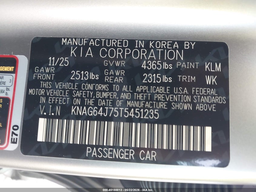 2026 Kia K5 VIN KNAG64J75T5451235 IAAI salvage auction — SIDE, Rebuildable (Florida), sold $10,400 on 2026-07-15 (photo 9)