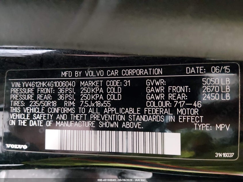 2016 Volvo V60 cross country VIN YV4612HK4G1006040 IAAI salvage auction — NORMAL WEAR, Salvage Title, sold $1,150 on 2026-07-10 (photo 9)