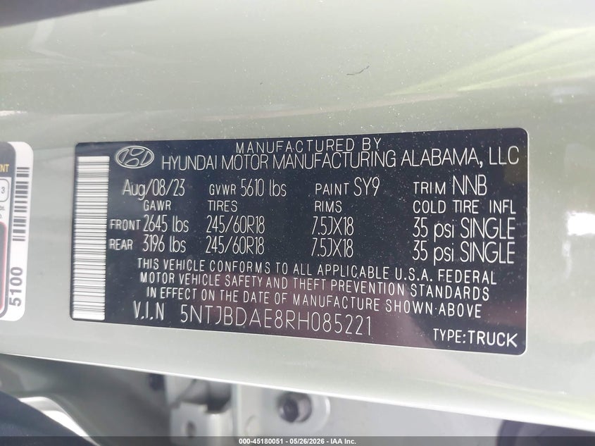 2024 Hyundai Santa cruz VIN 5NTJBDAE8RH085221 IAAI salvage auction — HAIL, Clear (Missouri), sold $10,000 on 2026-07-31 (photo 9)