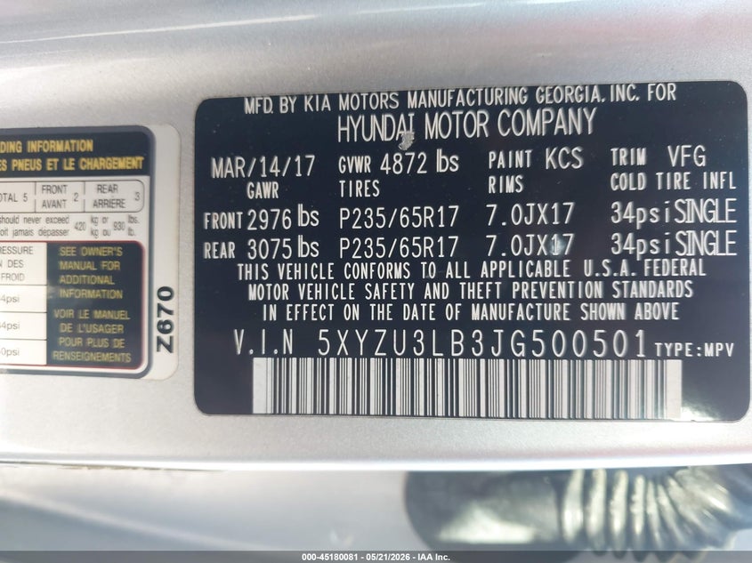 2018 Hyundai Santa fe VIN 5XYZU3LB3JG500501 IAAI salvage auction — FRONT END, Rebuildable (Florida), sold $2,050 on 2026-07-28 (photo 9)