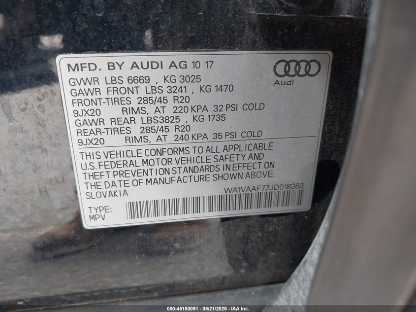 2018 Audi Q7 VIN WA1VAAF77JD018383 IAAI salvage auction — REAR END, Clear (Michigan), sold $6,750 on 2026-07-20 (photo 9)