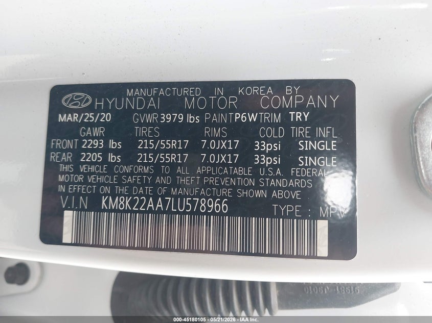 2020 Hyundai Kona VIN KM8K22AA7LU578966 IAAI salvage auction — FRONT END, Salvage (Georgia), sold $3,350 on 2026-07-17 (photo 9)