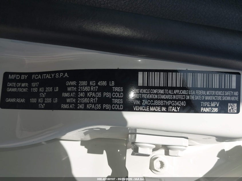 2017 Jeep Renegade VIN ZACCJBBB7HPG34240 IAAI salvage auction — FRONT END, Salvage Title, sold $1,950 on 2026-08-12 (photo 9)