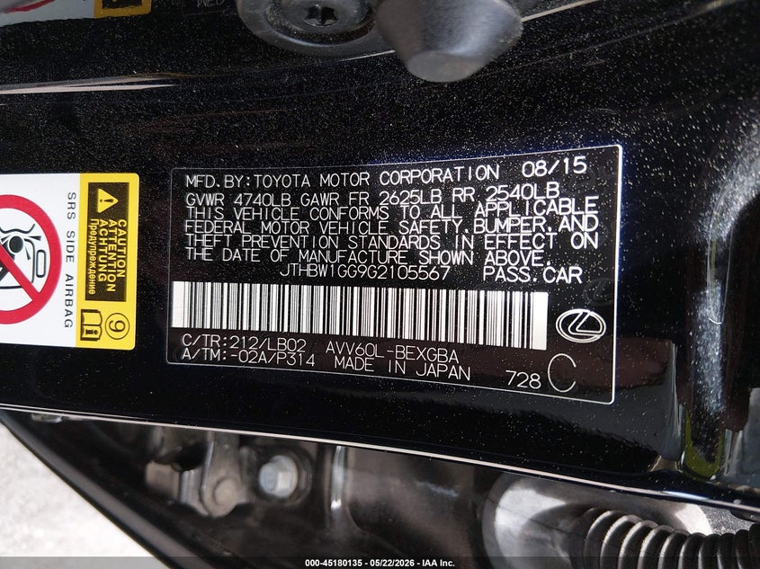 2016 Lexus ES VIN JTHBW1GG9G2105567 IAAI salvage auction — REAR END, Salvage (New Jersey), sold $6,100 on 2026-09-07 (photo 9)