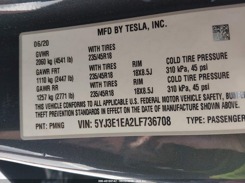 2020 Tesla Model 3 VIN 5YJ3E1EA2LF736708 IAAI salvage auction — LEFT REAR, Salvage (North Carolina), sold $5,050 on 2026-07-09 (photo 9)