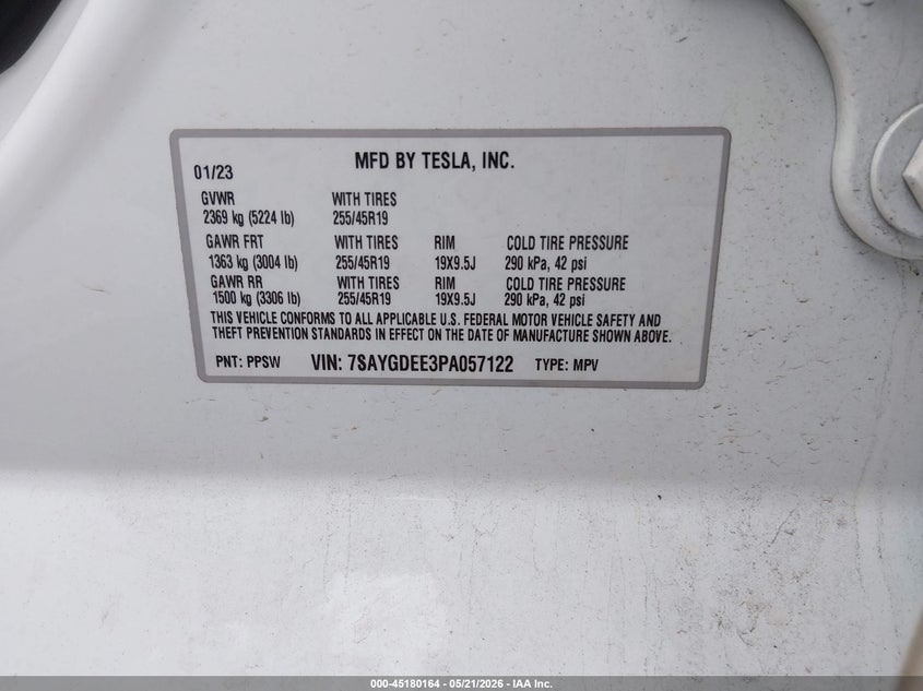 2023 Tesla Model y VIN 7SAYGDEE3PA057122 IAAI salvage auction — FRONT END, Salvage (Massachusetts), sold $9,850 on 2026-07-09 (photo 9)