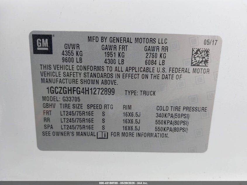 2017 Chevrolet Express 3500 VIN 1GCZGHFG4H1272899 IAAI salvage auction — NORMAL WEAR, Sf97 (Texas), sold $23,150 on 2026-07-07 (photo 9)