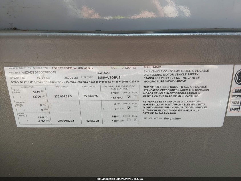 2013 Freightliner Chassis VIN 4UZADEDT5DCFF5048 IAAI salvage auction — NORMAL WEAR, SF97 (Maryland), sold $1,250 on 2026-07-21 (photo 9)