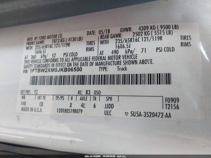 2018 Ford Transit-350 VIN 1FTBW2XM9JKB06500 IAAI salvage auction — NORMAL WEAR, Sf97 (Texas), sold $24,025 on 2026-07-07 (photo 9)