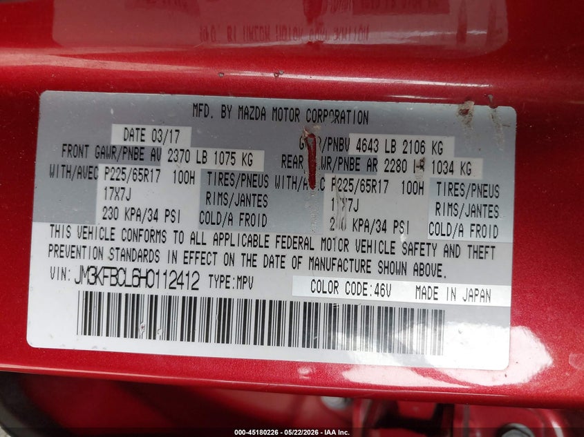 2017 Mazda Cx-5 VIN JM3KFBCL6H0112412 IAAI salvage auction — FRONT END, Salvage (New Jersey), sold $4,750 on 2026-07-28 (photo 9)