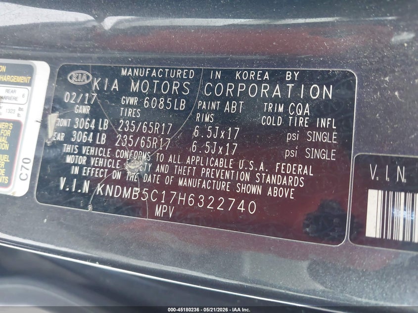 2017 Kia SEDONA VIN KNDMB5C17H6322740 IAAI salvage auction — WATER/FLOOD, Rebuildable (Florida), sold $1,200 on 2026-07-16 (photo 9)