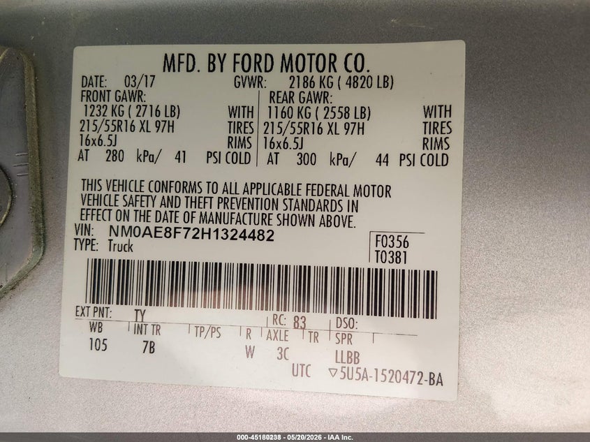 2017 Ford Transit VIN NM0AE8F72H1324482 IAAI salvage auction — NORMAL WEAR, Sf97 (Washington), sold $13,750 on 2026-07-09 (photo 9)