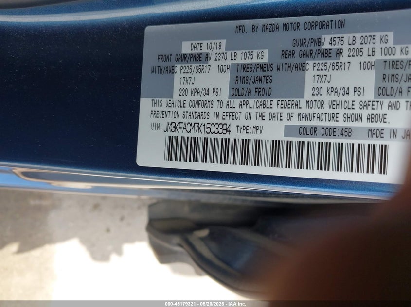 2019 Mazda Cx-5 VIN JM3KFACM7K1503394 IAAI salvage auction — FRONT END, Original (Texas), sold $7,125 on 2026-07-29 (photo 9)