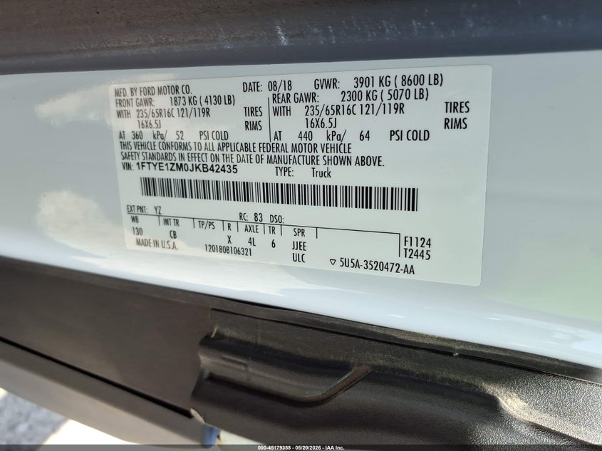 2018 Ford Transit 150 VIN 1FTYE1ZM0JKB42435 IAAI salvage auction — NORMAL WEAR, Sf97 (North Carolina), sold $19,800 on 2026-07-16 (photo 9)
