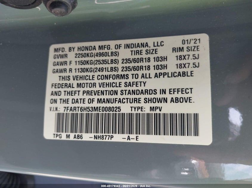 2021 Honda Cr-v VIN 7FART6H53ME008025 IAAI salvage auction — SIDE, Salvage Title, sold $8,100 on 2026-07-28 (photo 9)