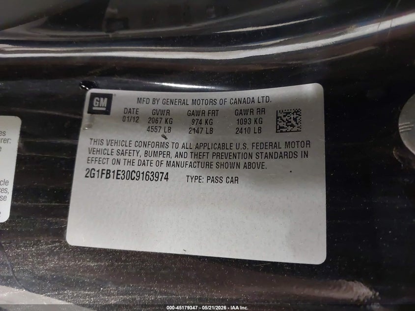 2012 Chevrolet Camaro VIN 2G1FB1E30C9163974 IAAI salvage auction — FRONT END, Mv-907A (New York), sold $1,750 on 2026-07-23 (photo 9)