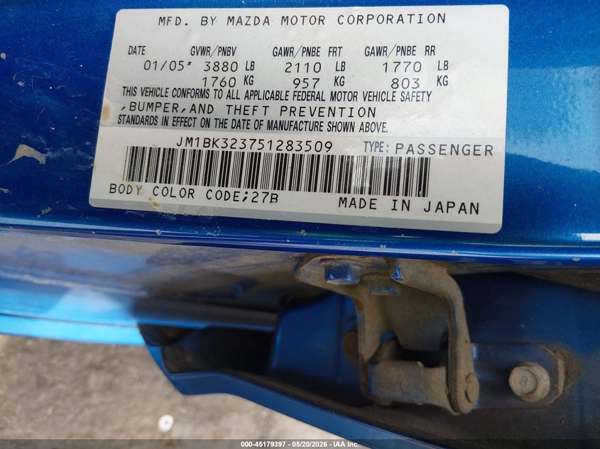 2005 Mazda 3 VIN JM1BK323751283509 IAAI salvage auction — HAIL, Clear (Missouri), sold $275 on 2026-07-28 (photo 9)