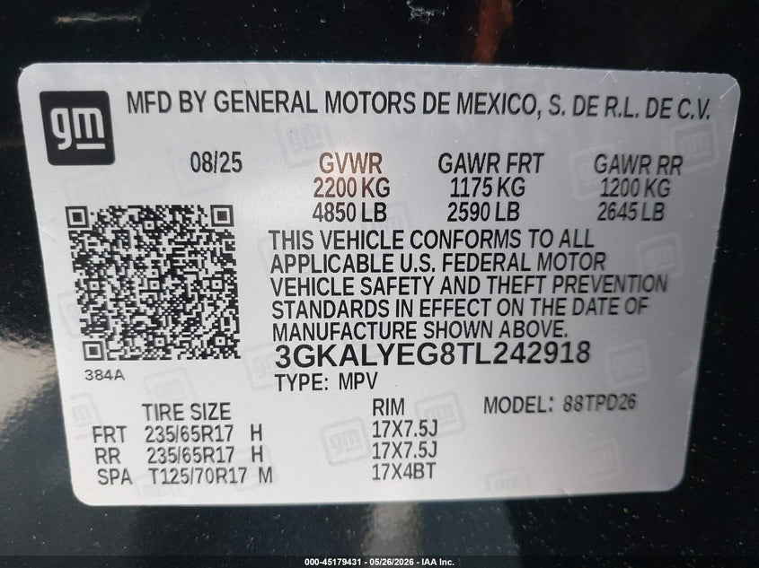 2026 Gmc Terrain VIN 3GKALYEG8TL242918 IAAI salvage auction — REAR END, Salvage Title, sold $11,800 on 2026-07-26 (photo 9)
