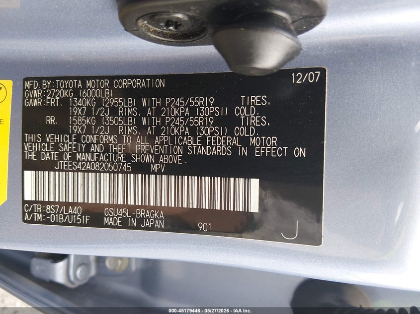 2008 Toyota Highlander VIN JTEES42A082050745 IAAI salvage auction — UNKNOWN, Salvage - 75% Or Less (Maryland), sold $2,400 on 2026-07-08 (photo 9)