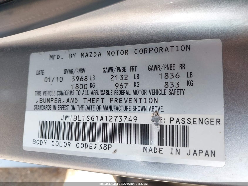 2010 Mazda 3 VIN JM1BL1SG1A1273749 IAAI salvage auction — REAR END, Original (Texas), sold $125 on 2026-07-28 (photo 9)