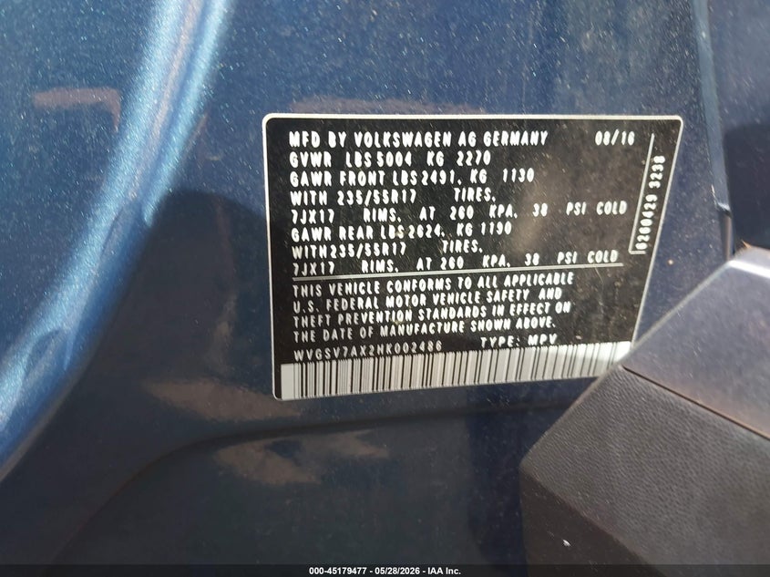 2017 Volkswagen Tiguan VIN WVGSV7AX2HK002486 IAAI salvage auction — FRONT END, Salvage Title, sold $1,750 on 2026-07-24 (photo 9)