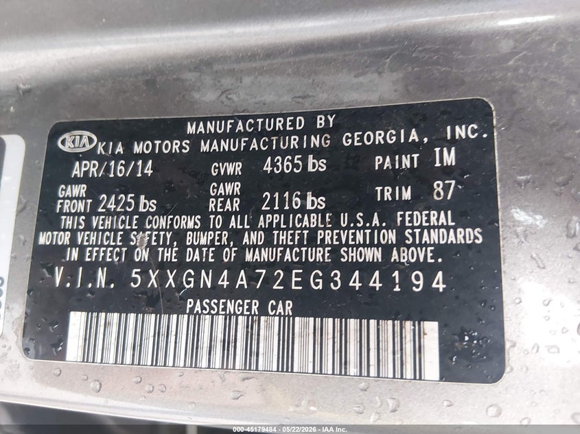 2014 Kia Optima VIN 5XXGN4A72EG344194 IAAI salvage auction — FRONT END, Salvage (West Virginia), sold $700 on 2026-07-09 (photo 9)