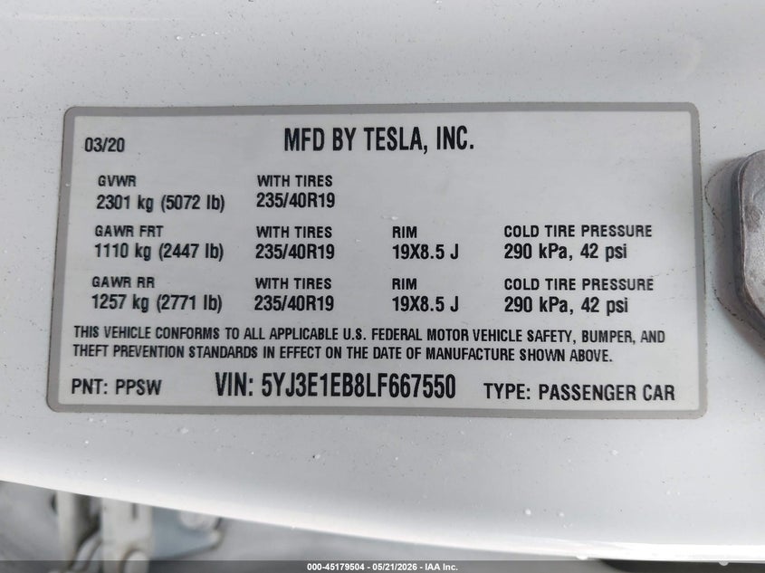 2020 Tesla Model 3 VIN 5YJ3E1EB8LF667550 IAAI salvage auction — REAR END, Mv-907A (New York), sold $7,200 on 2026-07-23 (photo 9)