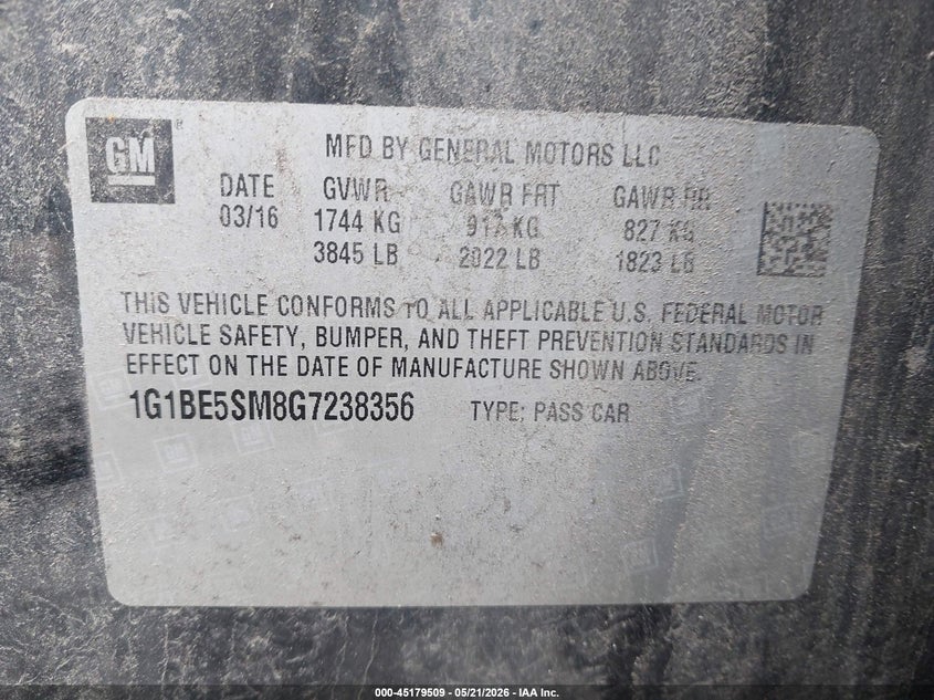2016 Chevrolet Cruze VIN 1G1BE5SM8G7238356 IAAI salvage auction — FRONT END, Salvage (Ohio), sold $325 on 2026-07-05 (photo 9)
