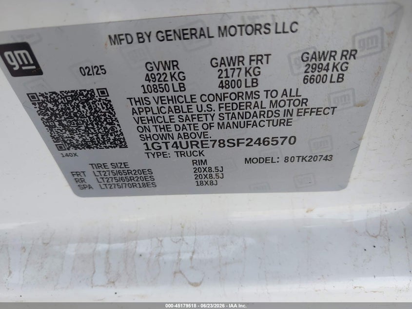 2025 Gmc VIN 1GT4URE78SF246570 IAAI salvage auction — UNKNOWN, Salvage (Texas), sold $25,250 on 2026-07-21 (photo 8)