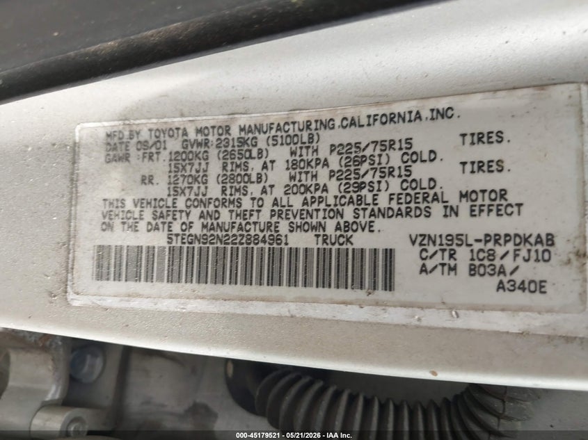 2002 Toyota Tacoma VIN 5TEGN92N22Z884961 IAAI salvage auction — REAR END, Salvage - Greater Than 75% (Maryland), sold $700 on 2026-07-15 (photo 9)