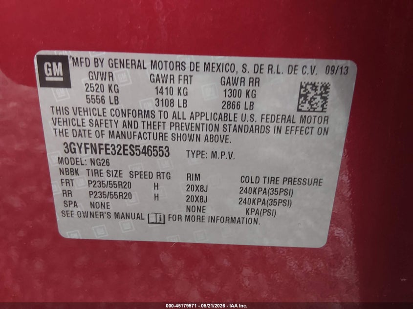 2014 Cadillac Srx VIN 3GYFNFE32ES546553 IAAI salvage auction — FRONT END, Salvage (West Virginia), sold $3,050 on 2026-07-18 (photo 9)