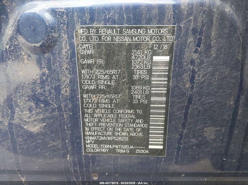 2019 Nissan Rogue VIN KNMAT2MV1KP528251 IAAI salvage auction — BIO HAZARD, Junk Bill Of Sale Mv2459 (Wisconsin), sold $400 on 2026-07-09 (photo 9)