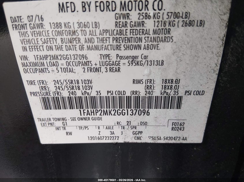 2016 Ford Police VIN 1FAHP2MK2GG137096 IAAI salvage auction — FRONT END, Salvage (South Carolina), sold $25 on 2026-07-08 (photo 9)
