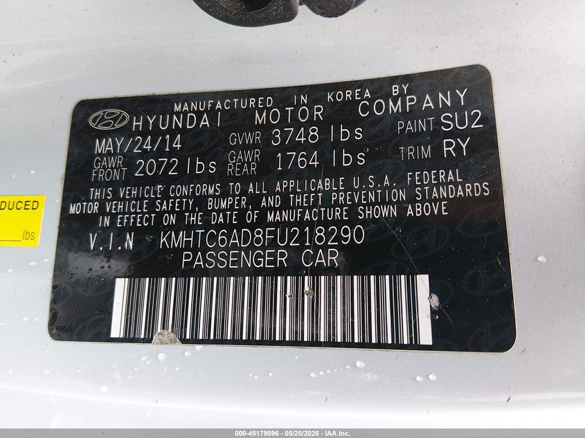 2015 Hyundai Veloster VIN KMHTC6AD8FU218290 IAAI salvage auction — FRONT END, Clear (Indiana), sold $1,550 on 2026-07-08 (photo 9)
