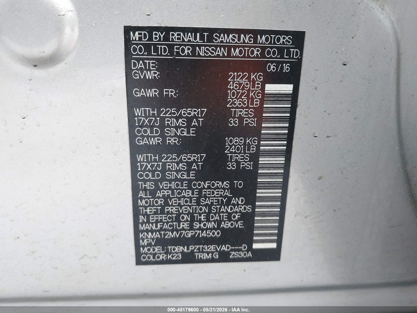2016 Nissan Rogue VIN KNMAT2MV7GP714500 IAAI salvage auction — RIGHT SIDE, Salvage (Idaho), sold $225 on 2026-07-15 (photo 9)