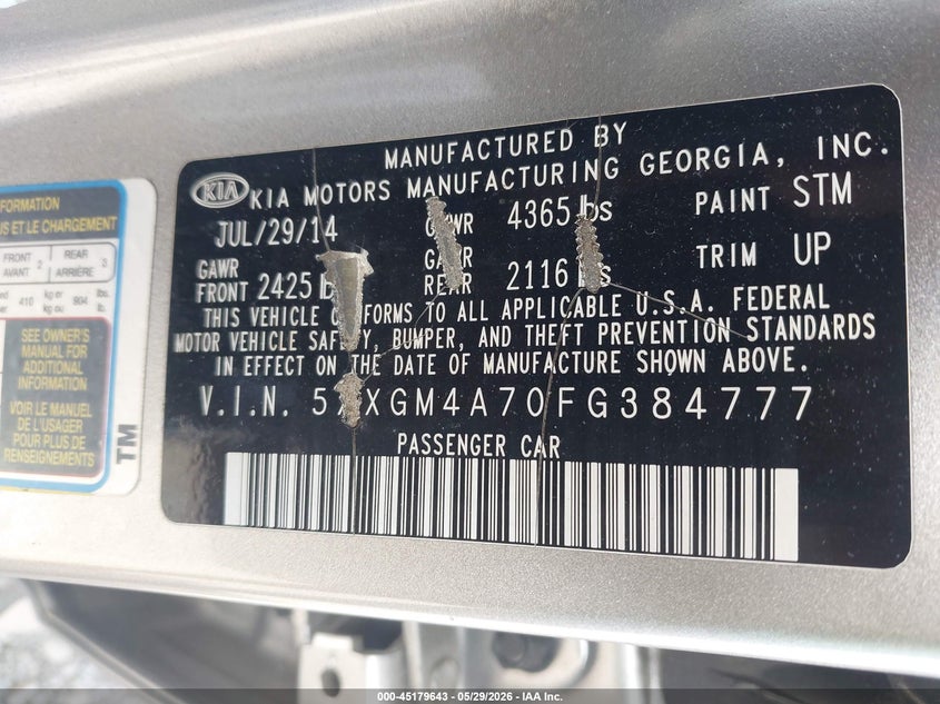 2015 Kia Optima VIN 5XXGM4A70FG384777 IAAI salvage auction — FRONT END, Salvage Title, sold $500 on 2026-07-07 (photo 9)