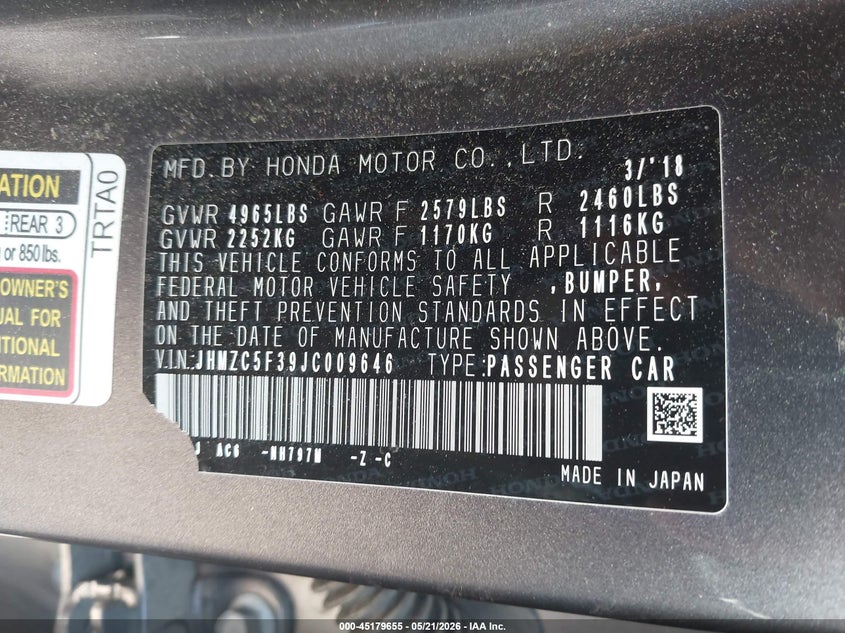 2018 Honda Clarity VIN JHMZC5F39JC009646 IAAI salvage auction — FRONT END, Salvage (Ohio), sold $25 on 2026-07-31 (photo 9)