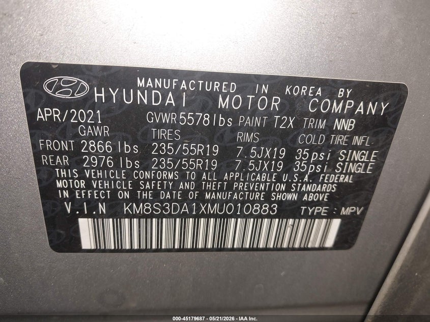 2021 Hyundai Santa fe VIN KM8S3DA1XMU010883 IAAI salvage auction — FRONT END, Salvage (New Jersey), sold $7,400 on 2026-07-29 (photo 9)