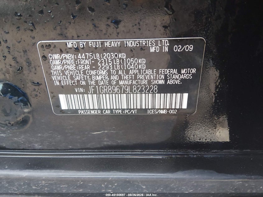 2009 Subaru Impreza VIN JF1GR89679L823228 IAAI salvage auction — HAIL, Salvage (Ohio), sold $3,650 on 2026-07-23 (photo 9)