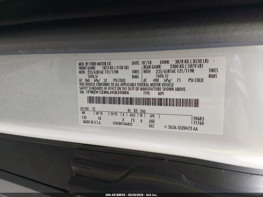 2018 Ford Transit 150 VIN 1FMZK1ZM6JKB35966 IAAI salvage auction — NORMAL WEAR, Sf97 (Mississippi), sold $17,300 on 2026-08-13 (photo 9)