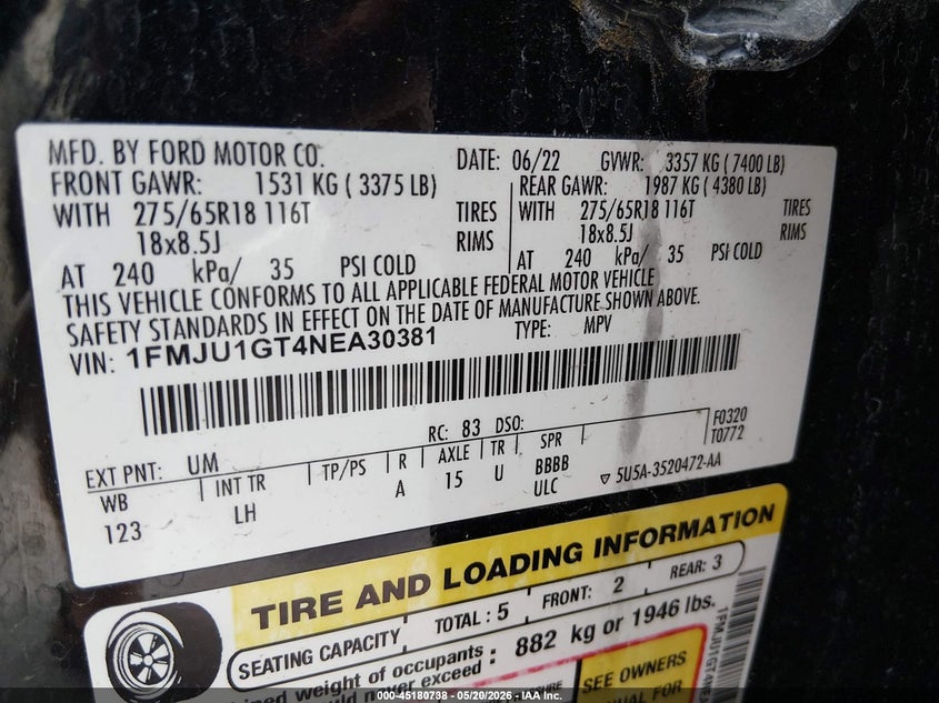 2022 Ford Expedition VIN 1FMJU1GT4NEA30381 IAAI salvage auction — NORMAL WEAR, Sf97 (Washington), sold $27,750 on 2026-07-09 (photo 9)