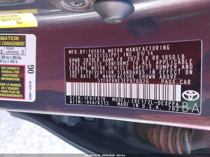 2014 Toyota Corolla VIN 5YFBPRHE3EP076026 IAAI salvage auction — FRONT END, Salvage (Missouri), sold $2,000 on 2026-07-23 (photo 9)