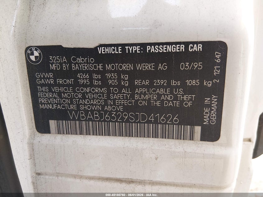 1995 BMW 3er VIN WBABJ6329SJD41626 IAAI salvage auction — FRONT END, Salvage (Ohio), sold $775 on 2026-07-09 (photo 9)