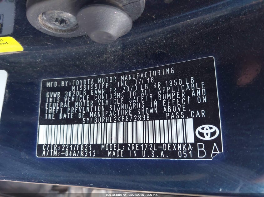 2019 Toyota Corolla VIN 5YFBURHE2KP872898 IAAI salvage auction — FRONT END, Salvage Title, sold $4,550 on 2026-08-01 (photo 9)
