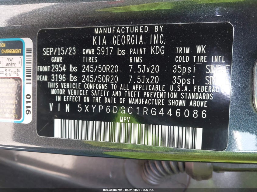 2024 Kia Telluride VIN 5XYP6DGC1RG446086 IAAI salvage auction — FRONT END, Salvage (Illinois), sold $6,550 on 2026-07-22 (photo 9)