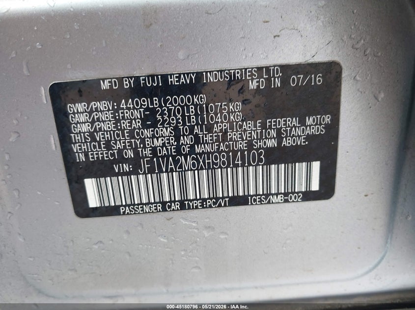2017 Subaru Wrx sti VIN JF1VA2M6XH9814103 IAAI salvage auction — LEFT SIDE, Salvage (Alabama), sold $4,900 on 2026-07-08 (photo 9)