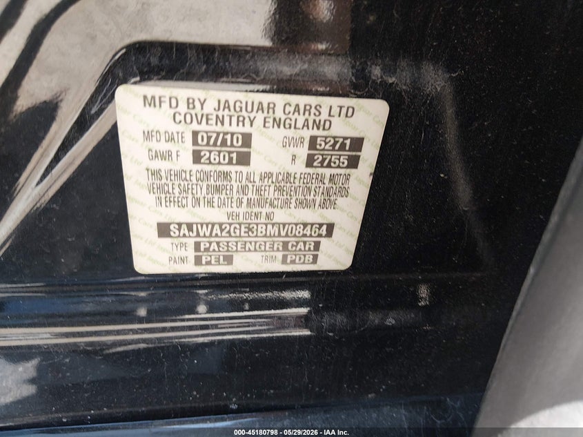 2011 Jaguar Xj VIN SAJWA2GE3BMV08464 IAAI salvage auction — FRONT END, Salvage (Louisiana), sold $1,525 on 2026-07-14 (photo 9)