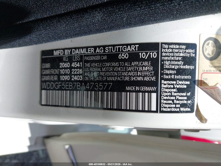 2011 Mercedes-benz C class VIN WDDGF5EB7BA473577 IAAI salvage auction — LEFT REAR, Rebuildable (Florida), sold $325 on 2026-07-20 (photo 9)