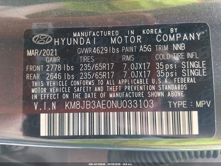 2022 Hyundai Tucson VIN KM8JB3AE0NU033103 IAAI salvage auction — FRONT END, Salvage (Tennessee), sold $6,050 on 2026-07-09 (photo 9)